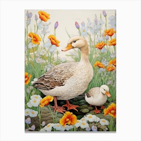Duck & Duckling In The Flowers Japanese Woodblock Style 7 Canvas Print