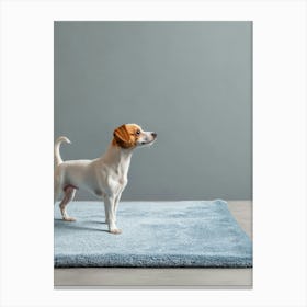 Small Dog Standing On A Blue Rug. Generated AI. Art Print Canvas Print