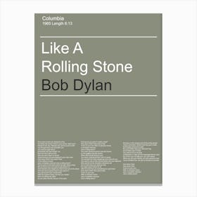Like A Rolling Stone, Bob Dylan, Minimal, Music, Art, Print Canvas Print