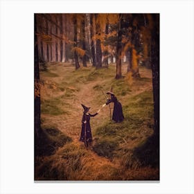 Autumn Witches - Witchy Pagan Meeting in the Woods - Fall Witchcraft Gloomy Dark Aesthetic Occult Witch Hat and Broomsticks Digital Photography Vintage Canvas Print