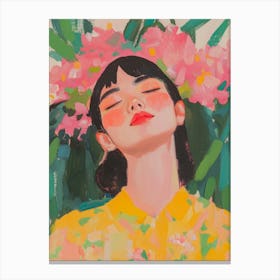 Woman with Pink Flower Crown Gouache Painting Canvas Print