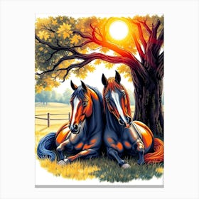 Horse Couple Under A Tree Canvas Print