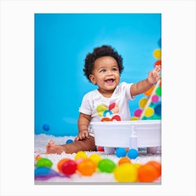 A Joyful Infant Engaging In Playful Interactions Surrounded By A Plethora Of Vivid Scattered Colo Canvas Print