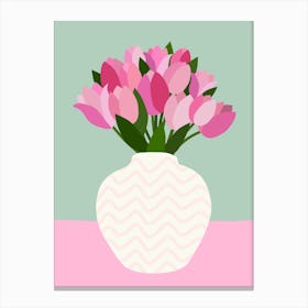 Tulip Arrangement - Floral Vase Pink And Green Canvas Print