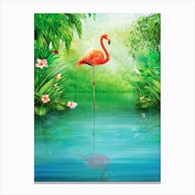 A Whimsically Styled Vibrant Green Flamingo Gently Glides Over The Serene Surface Of A Crystal Cle Canvas Print