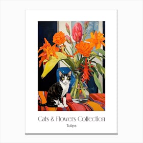 Cats & Flowers Collection Tulip Flower Vase And A Cat, A Painting In The Style Of Matisse 2 Canvas Print