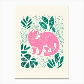 Pink Cat With Plants Canvas Print