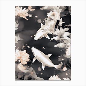 Black And White Koi Fish Watercolour With Botanicals 2 Canvas Print