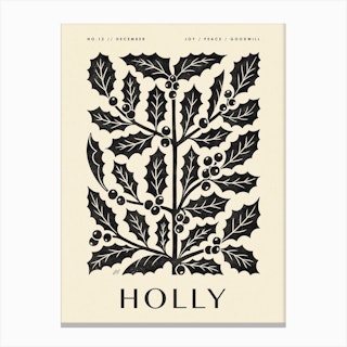 Rustic December Birth Flower Holly Black Cream Canvas Print