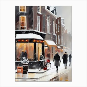 Amsterdam cafes, winter season, Christmas, autumn oil colors, pale colors, pedestrians in the street, winter clothes, falling snow.9 Canvas Print