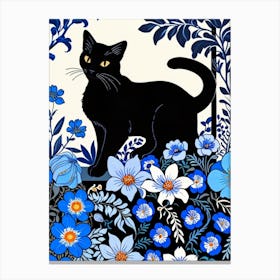 Black Cat In Blue Flowers Canvas Print