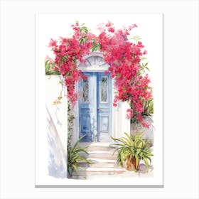 Santorini, Greece   Mediterranean Doors Watercolour Painting 2 Canvas Print