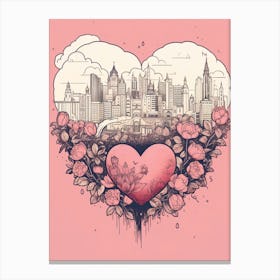Skyline Floral Heart Illustration Pink Canvas Print