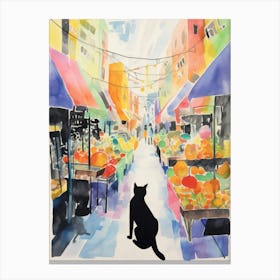 Food Market With Cats In Brooklyn 1 Watercolour Canvas Print