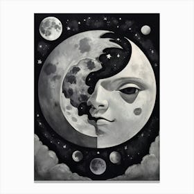 Moon And The Face Black and White Art Canvas Print