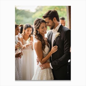 Elegant Bride And Groom Embracing In A Luxury Wedding Setting Bouquet In Hand Surrounded By Cheerf (5) Lienzo