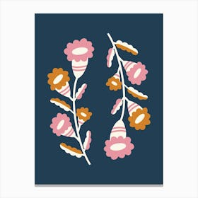 Flowers On A Branch Dark Blue Pink Canvas Print