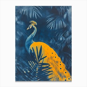 Orange & Blue Cyanotype Inspired Peacock With Tropical Leaves 1 Canvas Print