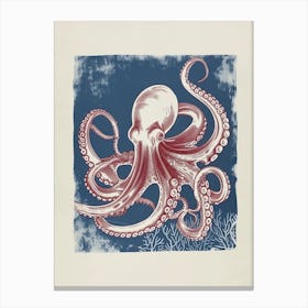 Octopus In The Ocean With Coral Linocut Inspired 3 Canvas Print