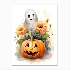 Cute Ghost With Pumpkins Halloween Watercolour 159 Canvas Print