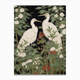 Green And White Cranes Vintage Japanese Botanical Canvas Print
