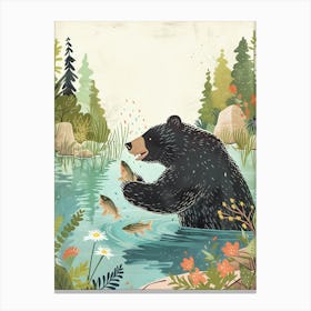 American Black Bear Catching Fish In A Tranquil Lake Storybook Illustration 1 Canvas Print