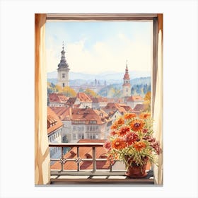 Window View Of Ljubljana Slovenia In Autumn Fall, Watercolour 3 Canvas Print