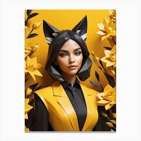 Low Poly Floral Fox Girl, Black And Yellow (17) Canvas Print