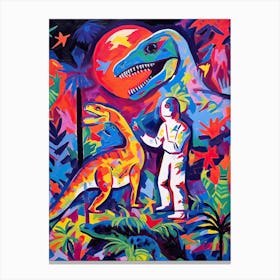Colour Painting Of An Astronaut With Dinosaurs Canvas Print