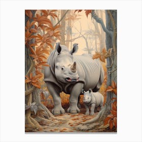 Rhino & Baby Rhino With Orange Leaves Canvas Print