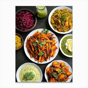 Assorted Indian Dishes Showcasing Freshness And Health Including A Vibrant Salad Of Julienned Carro (1) Canvas Print