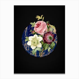 Vintage Anemone Rose Botanical in Gilded Marble on Shadowy Black Canvas Print