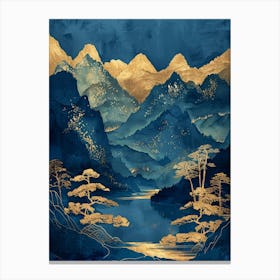 Asian Landscape In Blue And Gold Canvas Print