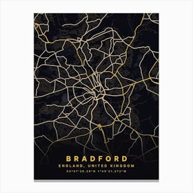 Bradford England Black And Gold Map Canvas Print