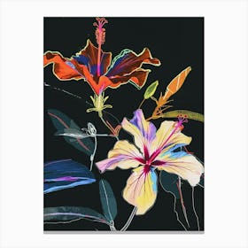 Neon Flowers On Black Hibiscus 3 Canvas Print