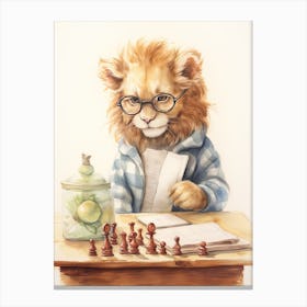 Playing Chess Watercolour Lion Art Painting 2 Canvas Print