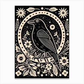 B&W Bird Linocut Raven 3 Canvas Print