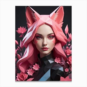 Low Poly Fox Girl,Black And Pink Flowers (32) Canvas Print