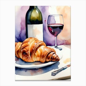 Croissant and Wine watercolor painting 17 Canvas Print