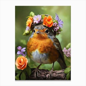 Robin With Flower Crown Canvas Print