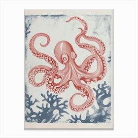 Red & Blue Octopus Retro Linocut Inspired 5 Canvas Print