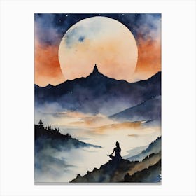 Meditation In The Mountains - Full Moon Contemplating Serenity Calm Yoga Meditating Spiritual Grounding Heart Open Buddhist Indian Travel Guidance Wisdom Peace Love Witchy Beautiful Watercolor Woman Trees Blue Silhouette Canvas Print