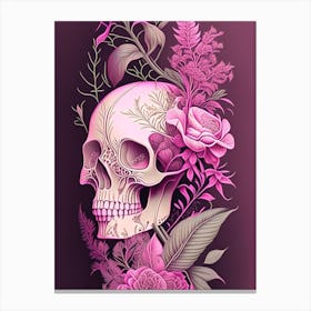 Skull With Intricate Linework Pink Botanical Canvas Print