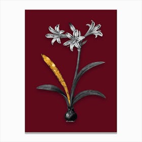 Vintage Amaryllis Black and White Gold Leaf Floral Art on Burgundy Red n.0214 Canvas Print