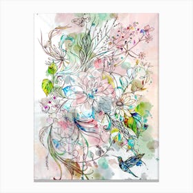 Flowers And Hummingbird Canvas Print