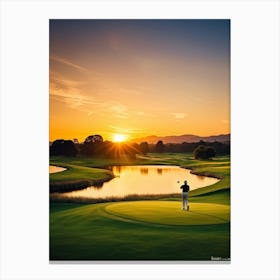 Golfer Mid Swing By A Radiant Sunset Silhouetted On A Serene Golf Course Rolling Hills Backlit By (4) Toile