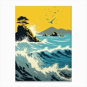 Sea Vista Ocean Beach Rocks Nature Birds Trees Waves Sun Blue Yellow Sky Art Painting Water Ocean View Island Canvas Print