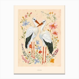 Folksy Floral Animal Drawing Crane 3 Poster Canvas Print