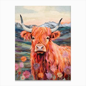 Floral Textured Patchwork Illustration Of Highland Cow Canvas Print