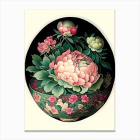 Bowl Of Beauty Peonies Green Vintage Botanical Canvas Print